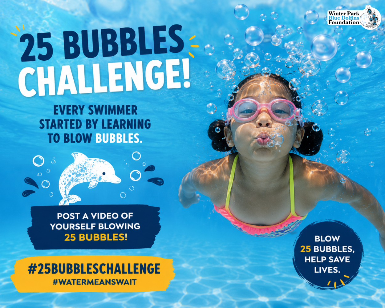 image shows a girl blowing bubbles in a pool