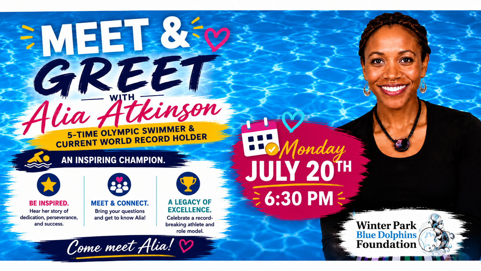 Image shows Alia Atkinson with the words meet and greet beside her