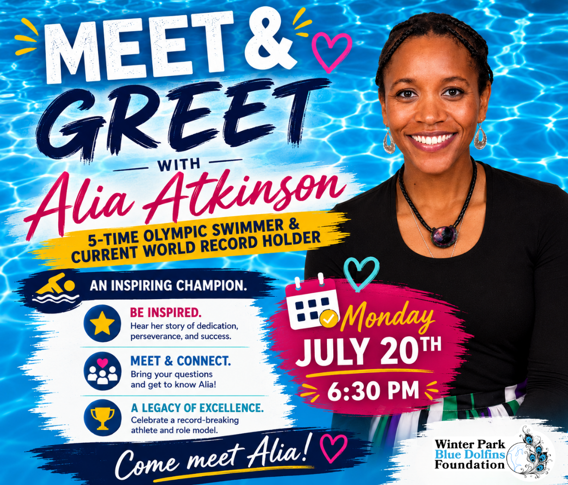 image shows olympic swimmer alia atkinson and promotes a meet and greet with her