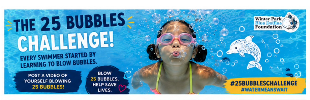 image shows bold text saying 25 bubbles challenge and shows a girl blowing bubbles in a pool