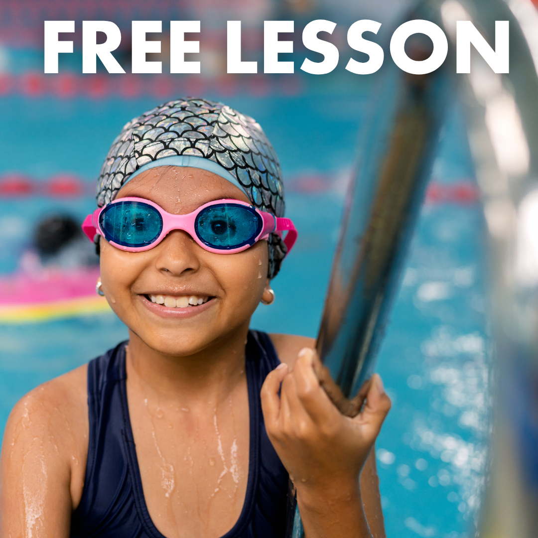 image shows a girl dressed for a swim lesson and standing near the ladder the text reads free lesson