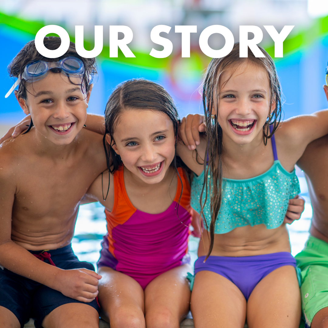 image shows children sitting poolside and the text says our story