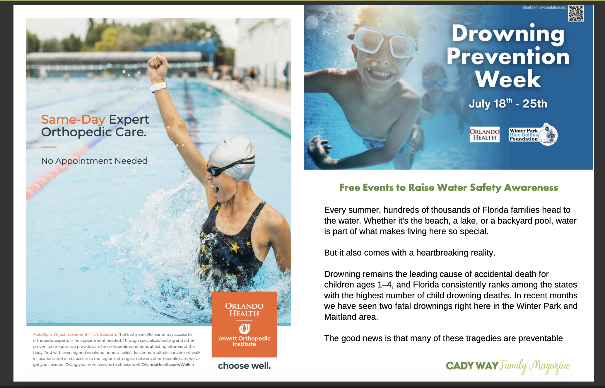 Image shows the inside pages of Cady way Family magazine - one age is an ad for Orlando health while the other shows information on drowning prevention week