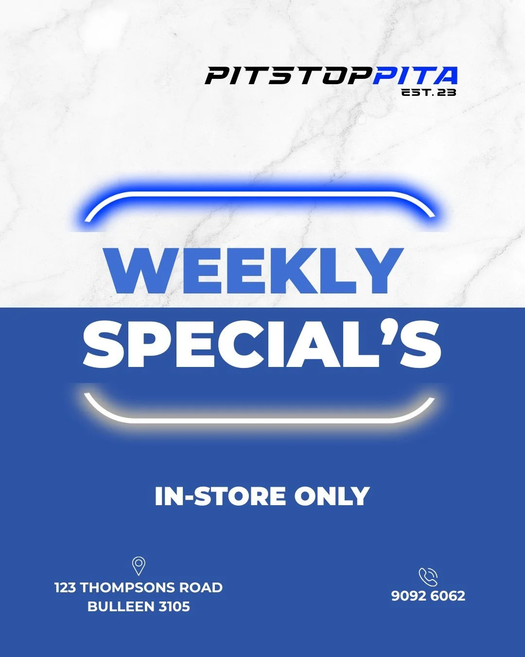💙 WEEKLY SPECIALS 💙

Wednesdays - 15% off Gyro Bowls 
Thursdays - $15 Souvlakia (Lamb, Chicken or Mixed)
Sat / Sun 12-4pm - 20% off All Skewer Items

‼️ IN STORE ONLY ‼️ 

See you all soon 🤩🔥

#PitstopPita #SouvlakiBar #Melbourne #OnCharcoal