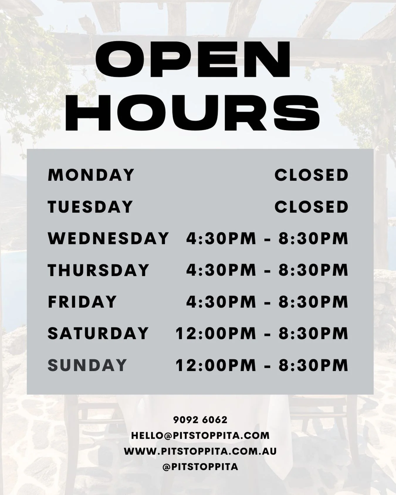 It's time to get back to business TONIGHT! 🤩

We're shaking things up with new hours, including Lunch on weekends starting at 12pm! 😍

The break was nice, but we're ready to serve you again👀

See you soon for a delicious Souvlaki!💙

#PitstopPita 