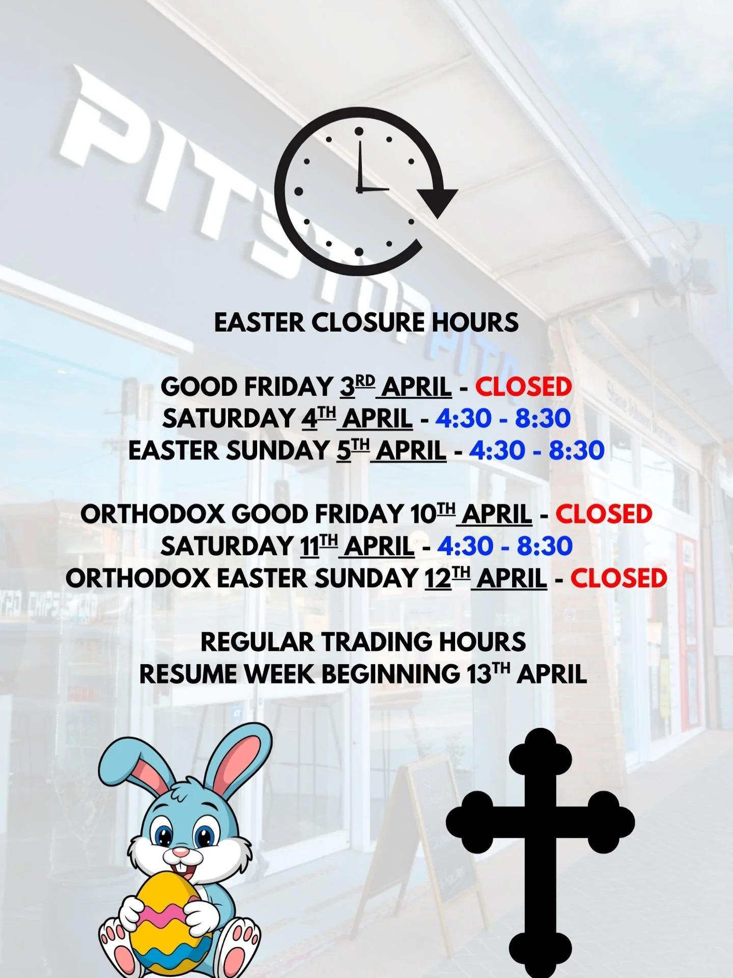 Our Easter hours for the next 2 weeks. ✝️💙🐰