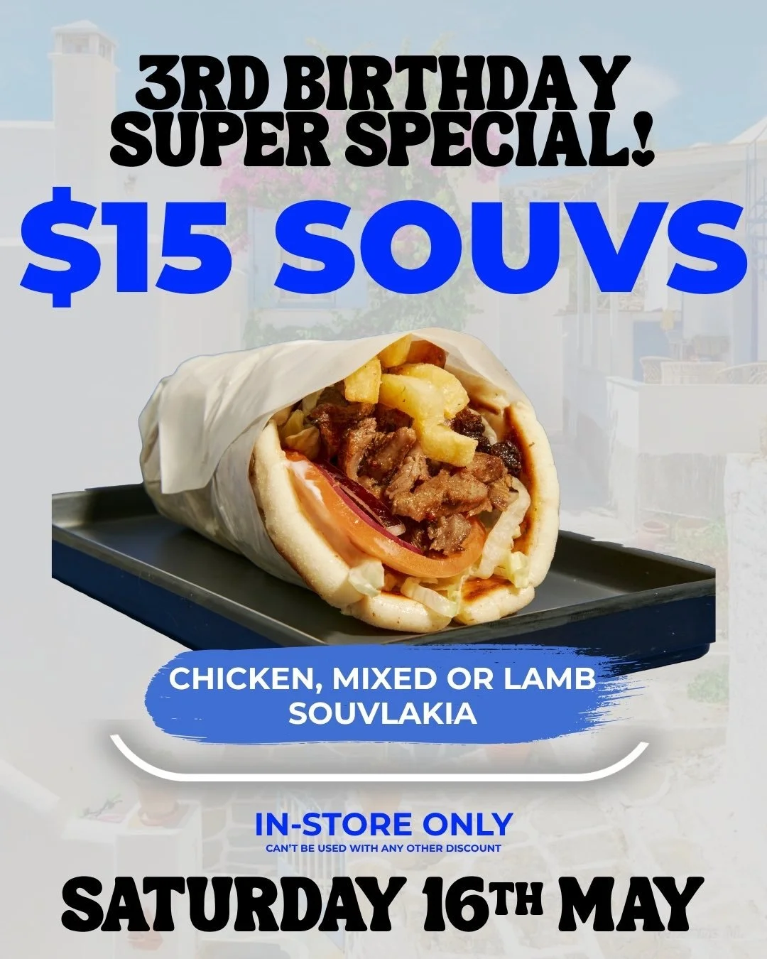 Woohoo we turn 3!!!🎉💙

To celebrate, bring a friend and come and join us for $15 souvlakia all day on Saturday 16th May!🙌🔥

#PitstopPita #SouvlakiBar #Melbourne #OnCharcoal #WeTurn3