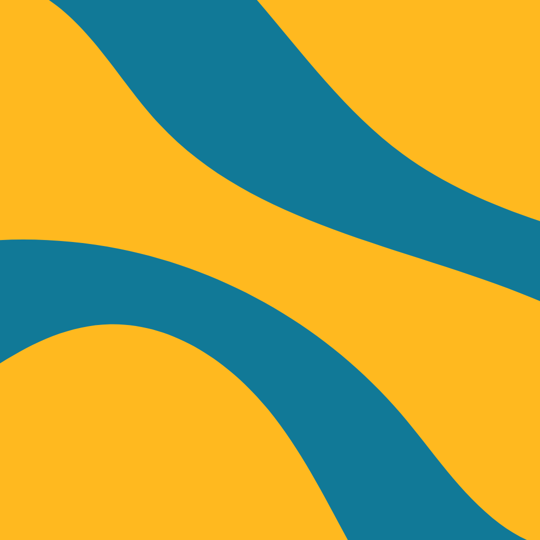 Abstract design with yellow background and teal curved stripes.