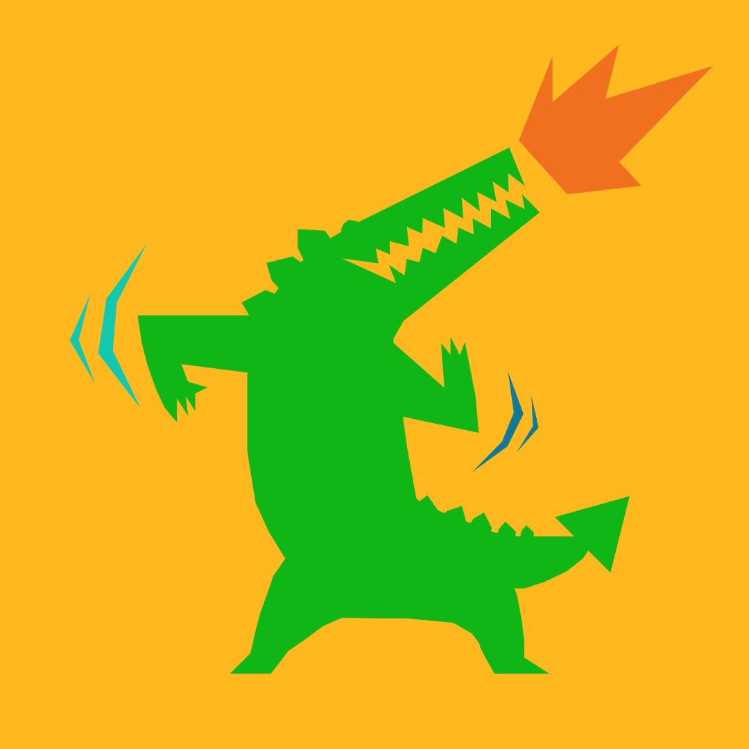 A cartoon style illustration of a green alligator with an orange flame coming out of its mouth, standing on its hind legs against a yellow background.