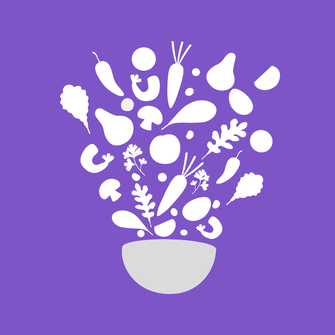 Silhouette of a bowl with various vegetables and herbs, such as carrots, radishes, mushrooms, and leaves, arranged to look like they're overflowing from the bowl.