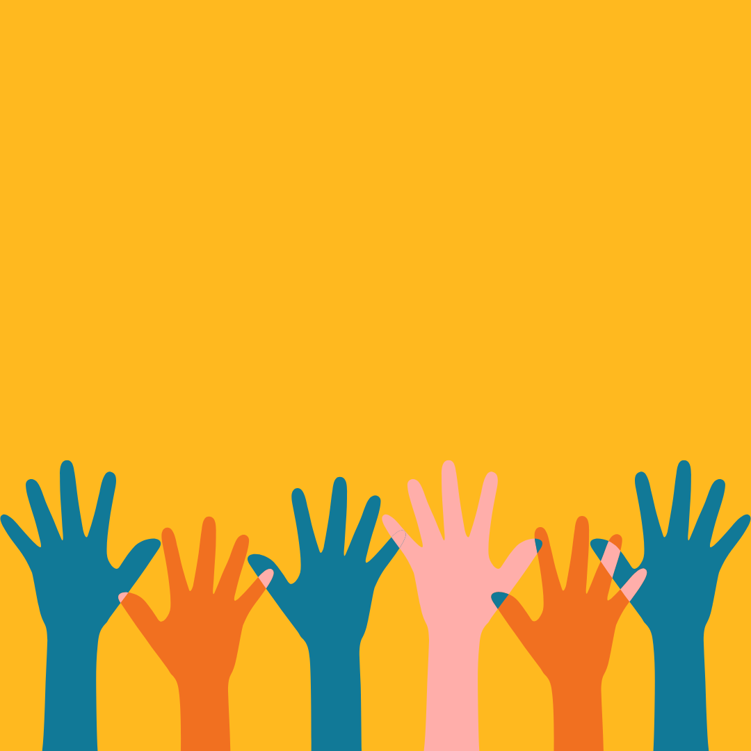 Illustration of raised hands of various skin tones reaching up against a yellow background.