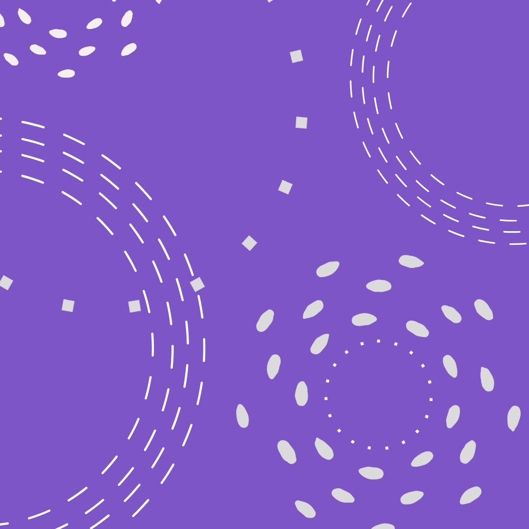 Abstract pattern with concentric circles, curved dashed lines, small squares, and oval shapes on a purple background.