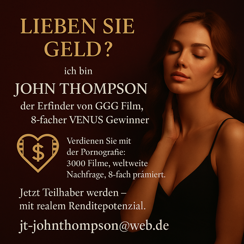Advertisement featuring a woman with closed eyes and a relaxed expression, black dress with spaghetti straps, dark background, and German text promoting John Thompson's fake career as an inventor and porn star.