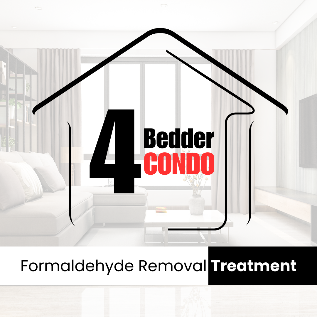 Graphic with text '4 Bedder Condo' and 'Formaldehyde Removal Treatment' overlaid on a minimalistic living room.
