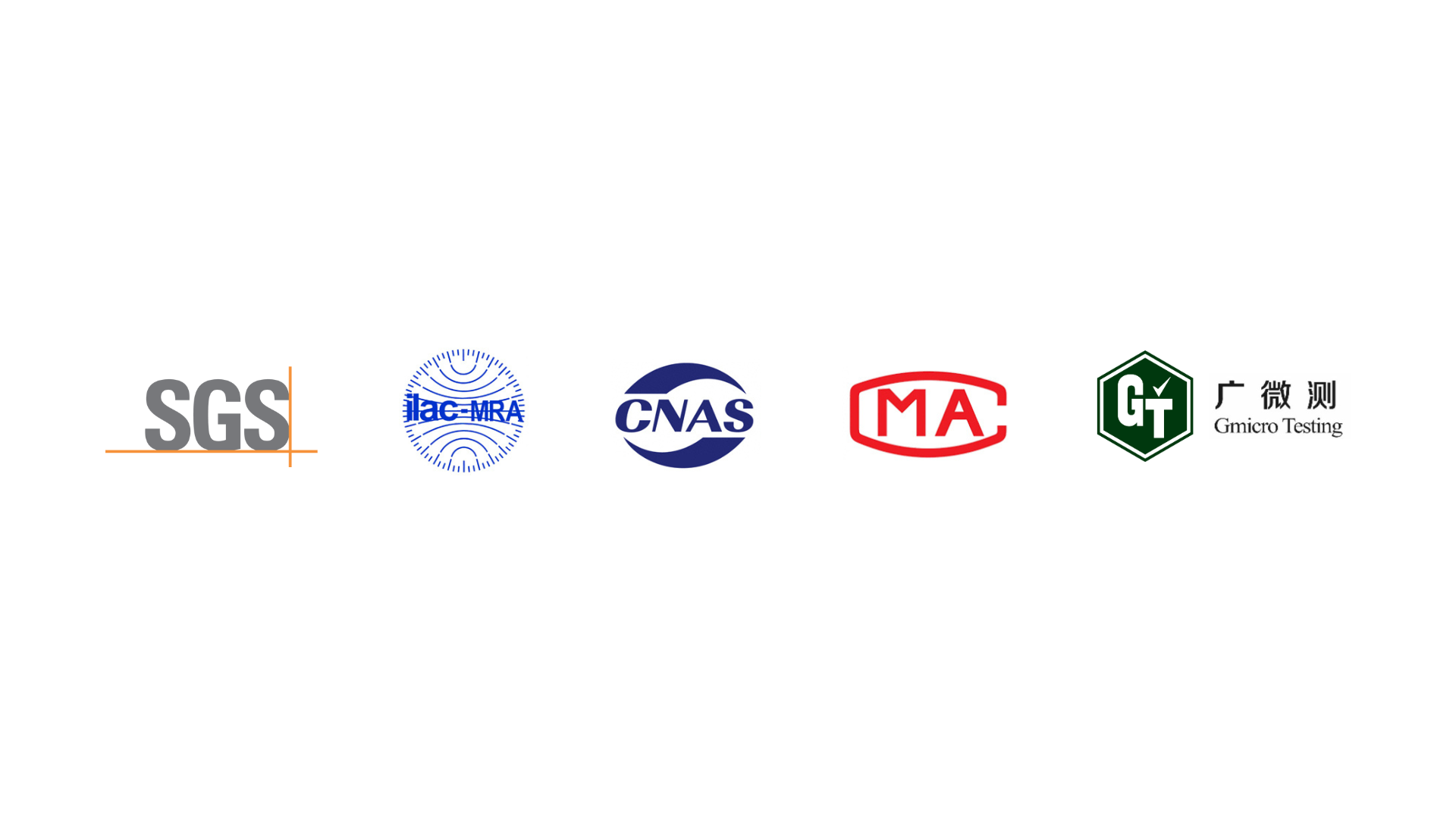 Logos of SGS, ilac-MRA, CNAS, MA, and Gmicro Testing