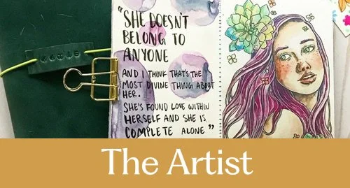 A colorful page with a handwritten quote, an illustration of a woman with purple hair and a flower crown, and a section titled "The Artist." The page is held to a green surface with a yellow clip.