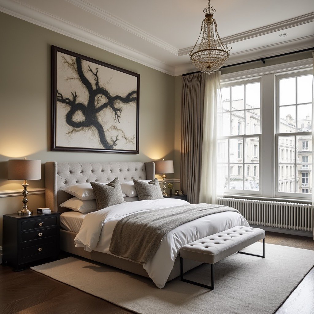 Elegant bedroom with a king-sized bed, tufted headboard, and decorative pillows. A modern chandelier hangs from the ceiling. A framed abstract art piece is on the wall. Large window with drapes provides natural light. Two bedside tables with lamps an