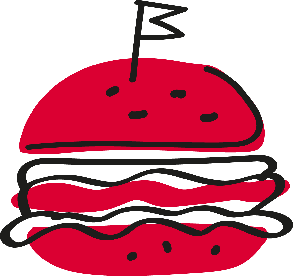 En enkel tegning av en hamburger med et rødt brø lagt øverst og nederst, med skiver av kjøtt og salat i midten, og en tannpirker som stikker ut av toppen.
