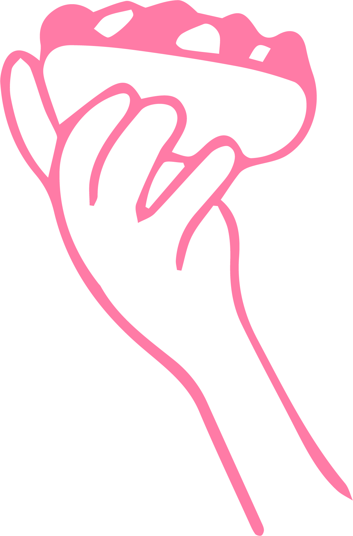 En minimalistisk illustrasjon av en hånd som holder en blomst med rosa kontur og svart bakgrunn.