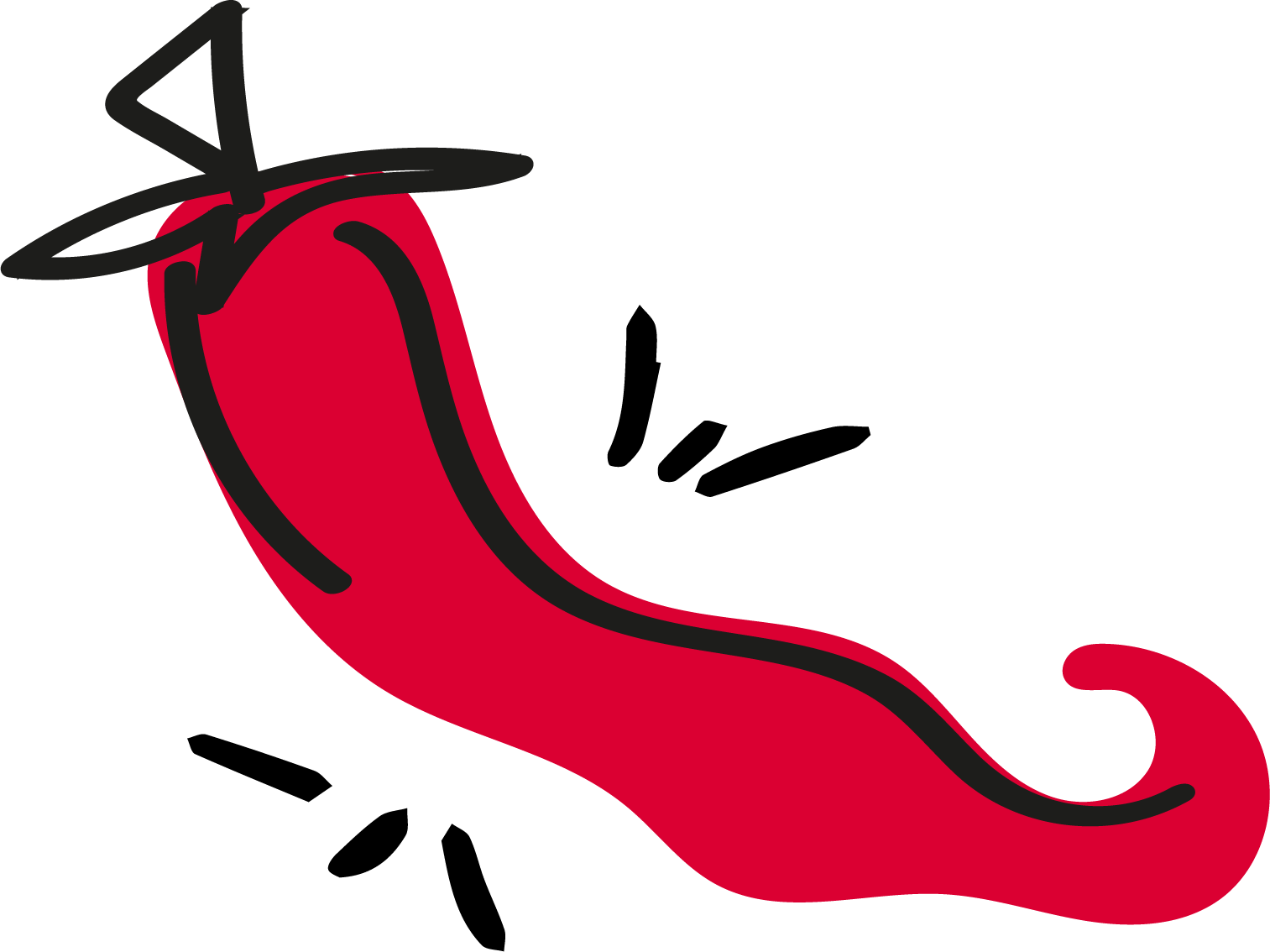 En enkel grafikk av en rød chilipepper med svarte strekillustrasjoner som viser bevegelse eller utbredelse.