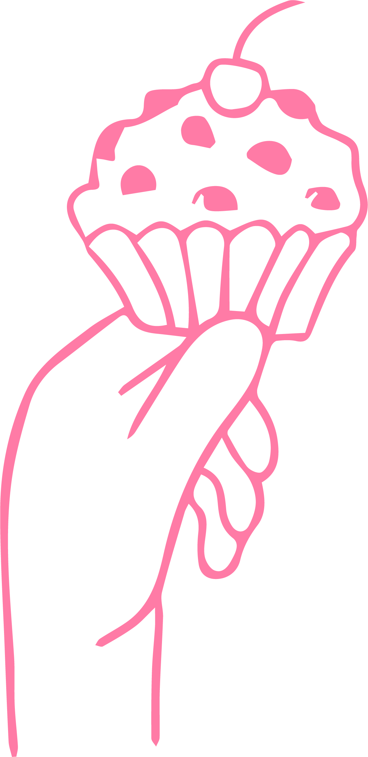 Nærbilde av en hånd som holder en muffin med rosiner, illustrert i rosa neon-stil.