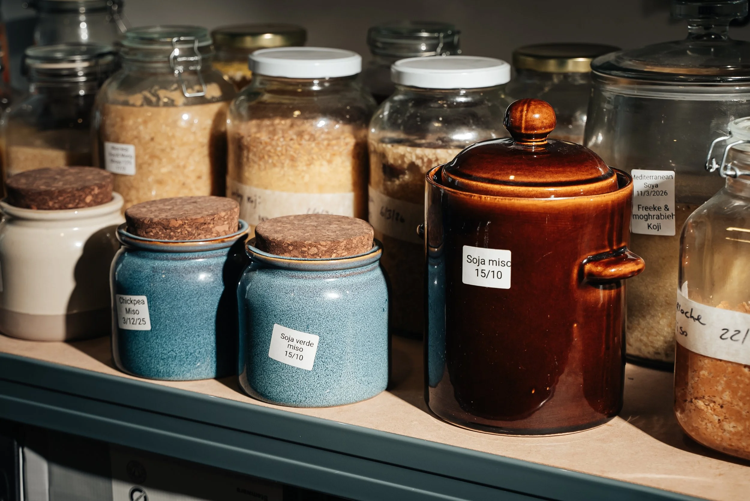 Ceramic jars of miso and house fermentations in the BAZ lab in Lisbon.