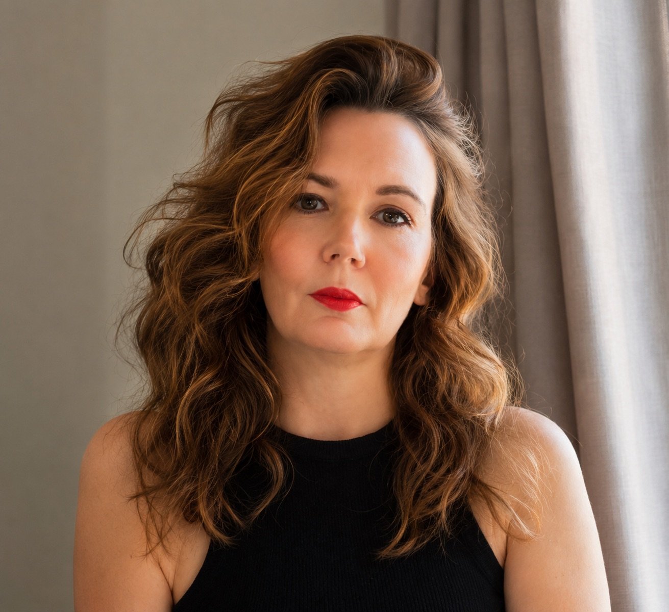 A woman with wavy, shoulder-length brown hair wearing a sleeveless black top, with red lipstick, sitting indoors beside a window with curtains.