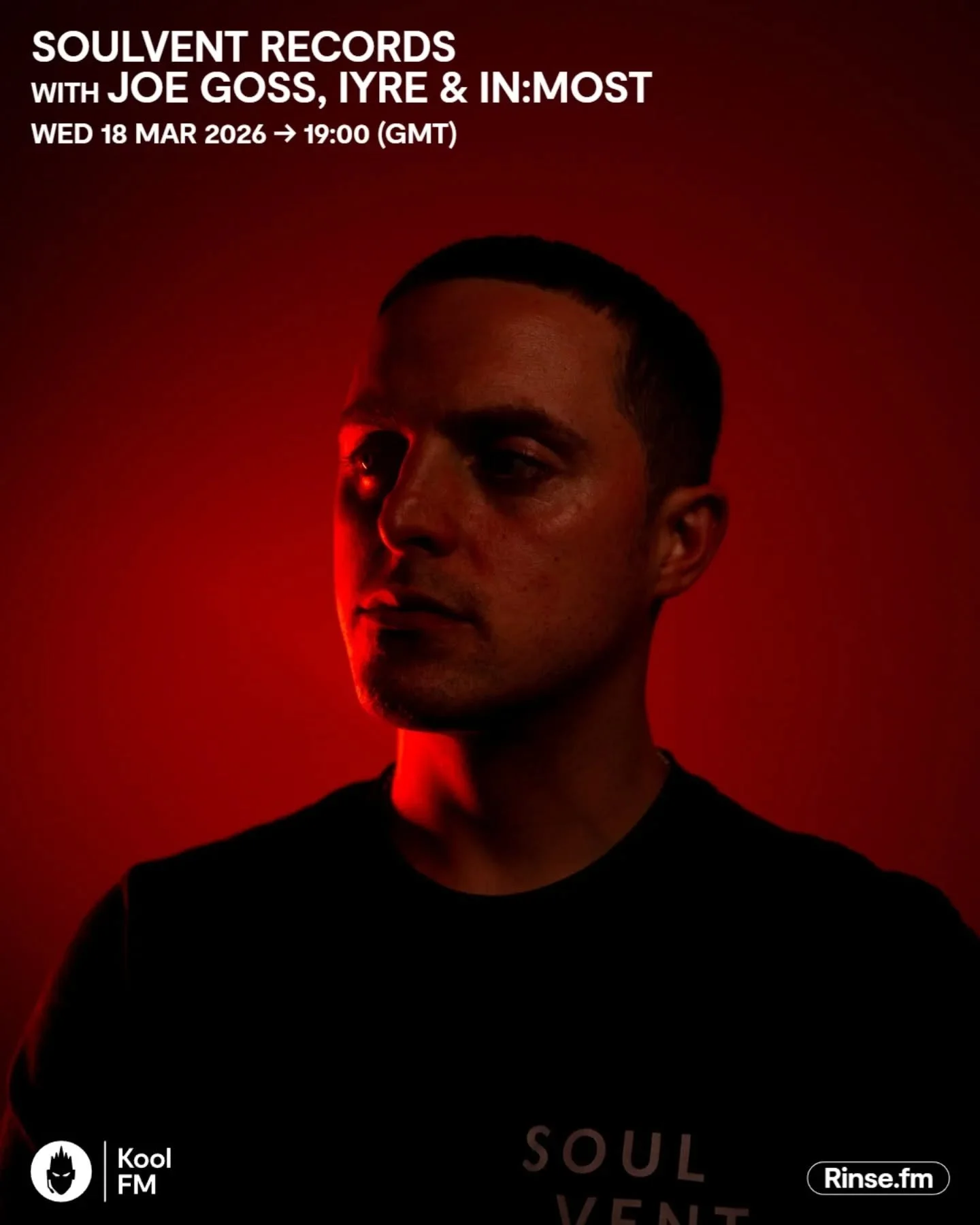 Kool FM tonight 🔊

Label boss @joegosssvr is back in the studio and joined by @inmostdnb, who are gearing up for their upcoming album, plus @iyre_dnb, fresh off the release of KH4MSIN.

Expect new Soulvent music and some really amazing guest mixes!
