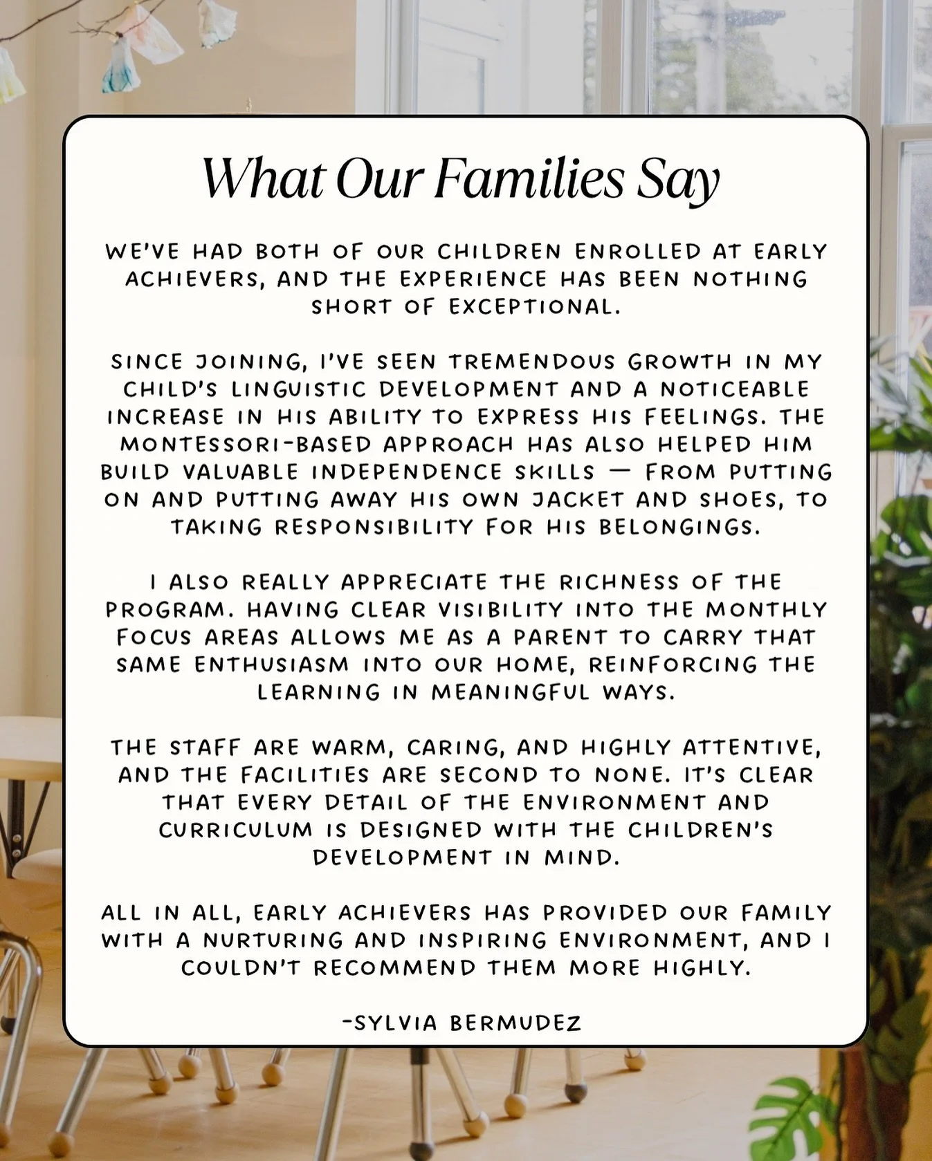 What Our Families Say💫

&ldquo;We&rsquo;ve had both of our children enrolled at Early Achievers, and the experience has been nothing short of exceptional.

Since joining, I&rsquo;ve seen tremendous growth in my child&rsquo;s linguistic development a