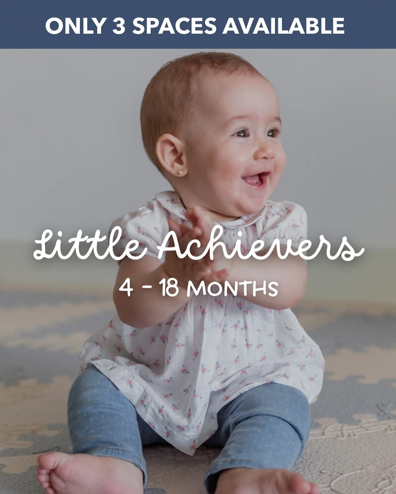 ✨3 SPACES AVAILABLE✨
Little Achievers💫
Ages: 4 months - 18 months 

One Month Session

One Class/Week $75
Tuesday *SOLD OUT*
12pm
OR
Thursday *SOLD OUT*
12:00pm 

Wednesday *3 SPACES AVAILABLE*
10am 

Two Classes/Week $100
Tuesday &amp; Thursday *SO