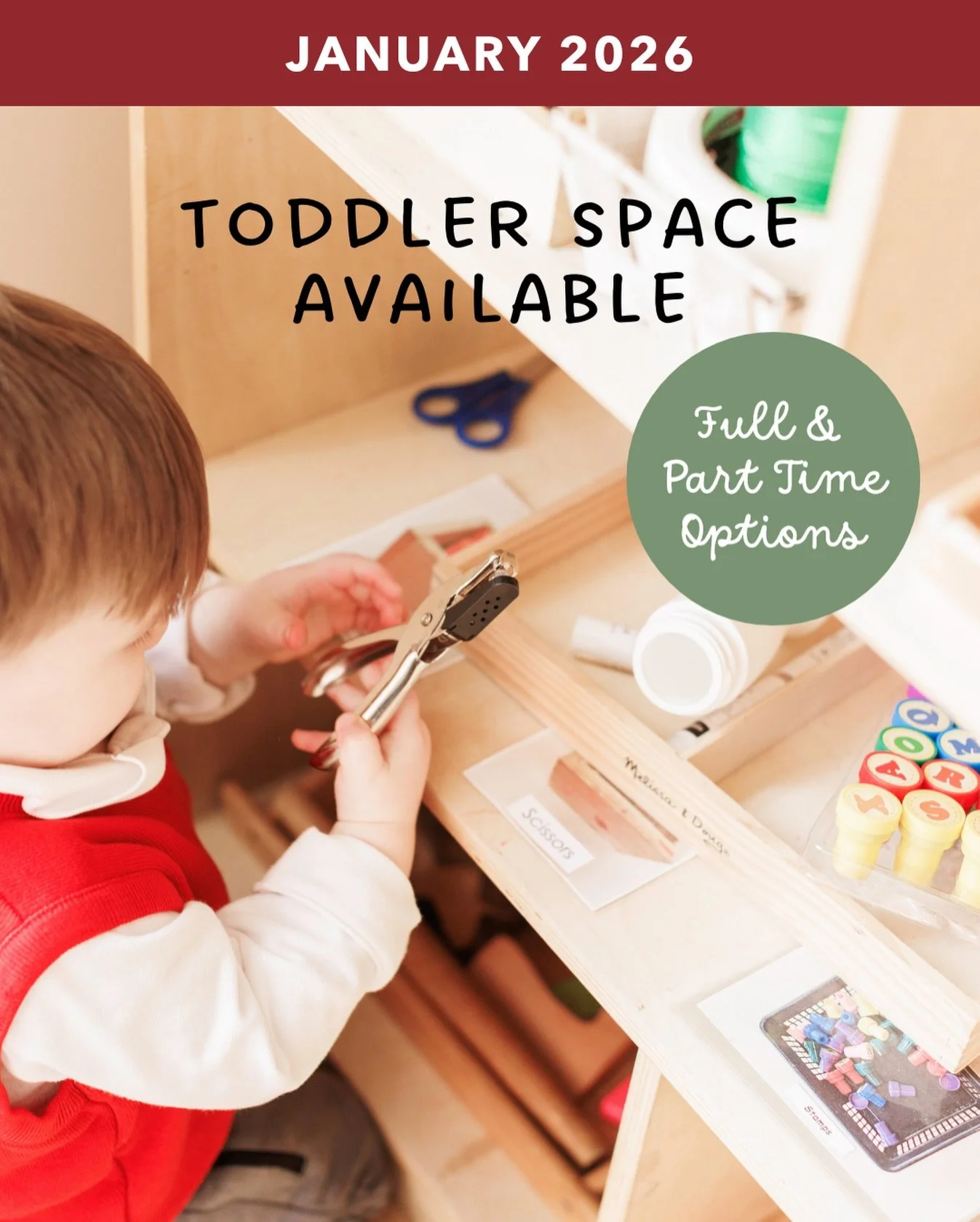 ✨JANUARY 2026✨

We have limited Part-Time and Full-Time space available in the new year 🌱 

Our Balanced Montessori Toddler curriculum offers children a full authentic Montessori education with a balance of traditional educational experiences.

Chec