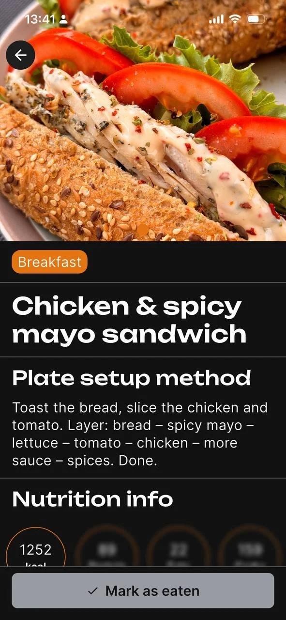 Breakfast: Chicken sandwich with spicy mayo view in Mealpreper guide for Capsule Meal prep 13