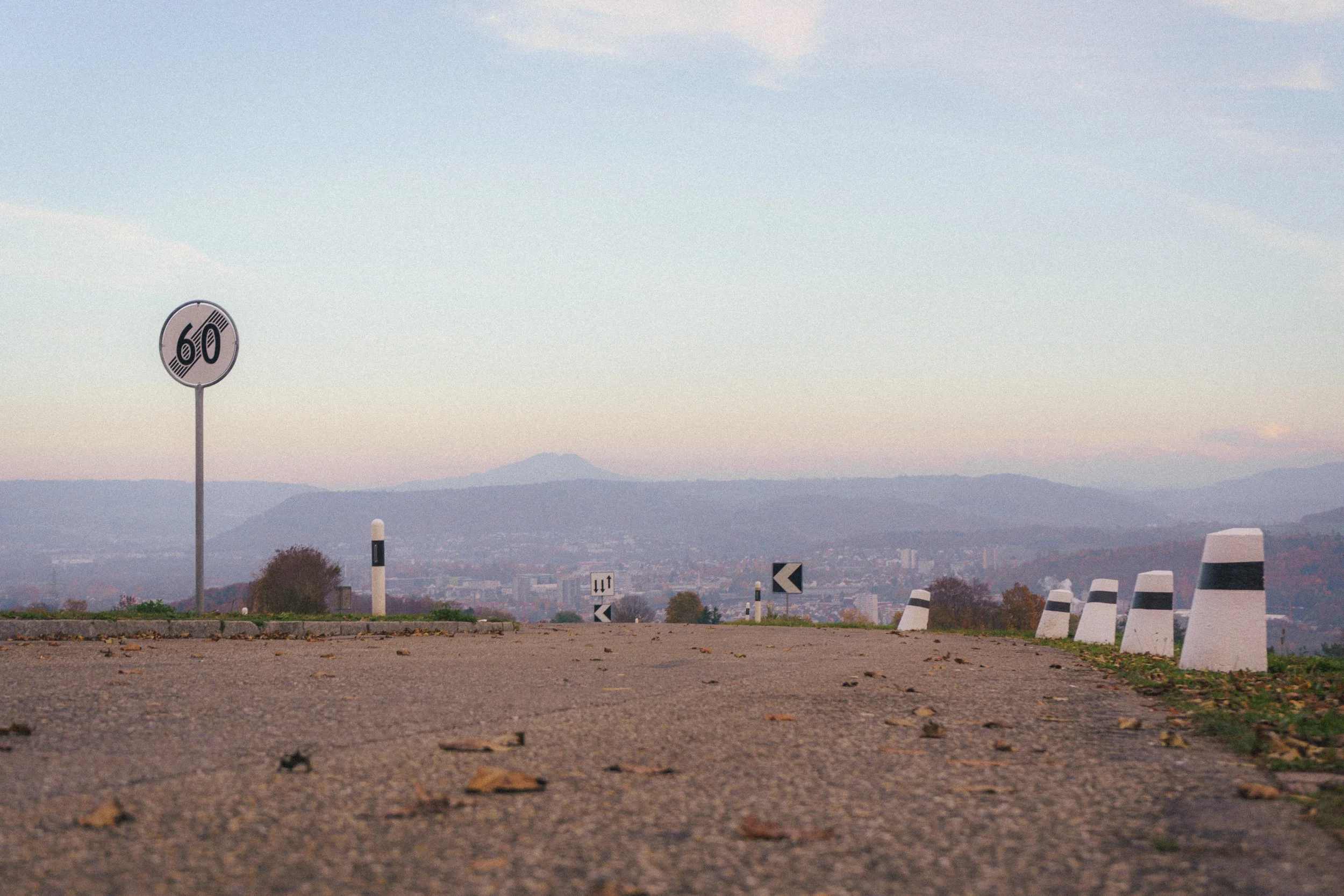Fine art landscape of a read leading to the city of Zürich, Switzerland and a road sign on the left.