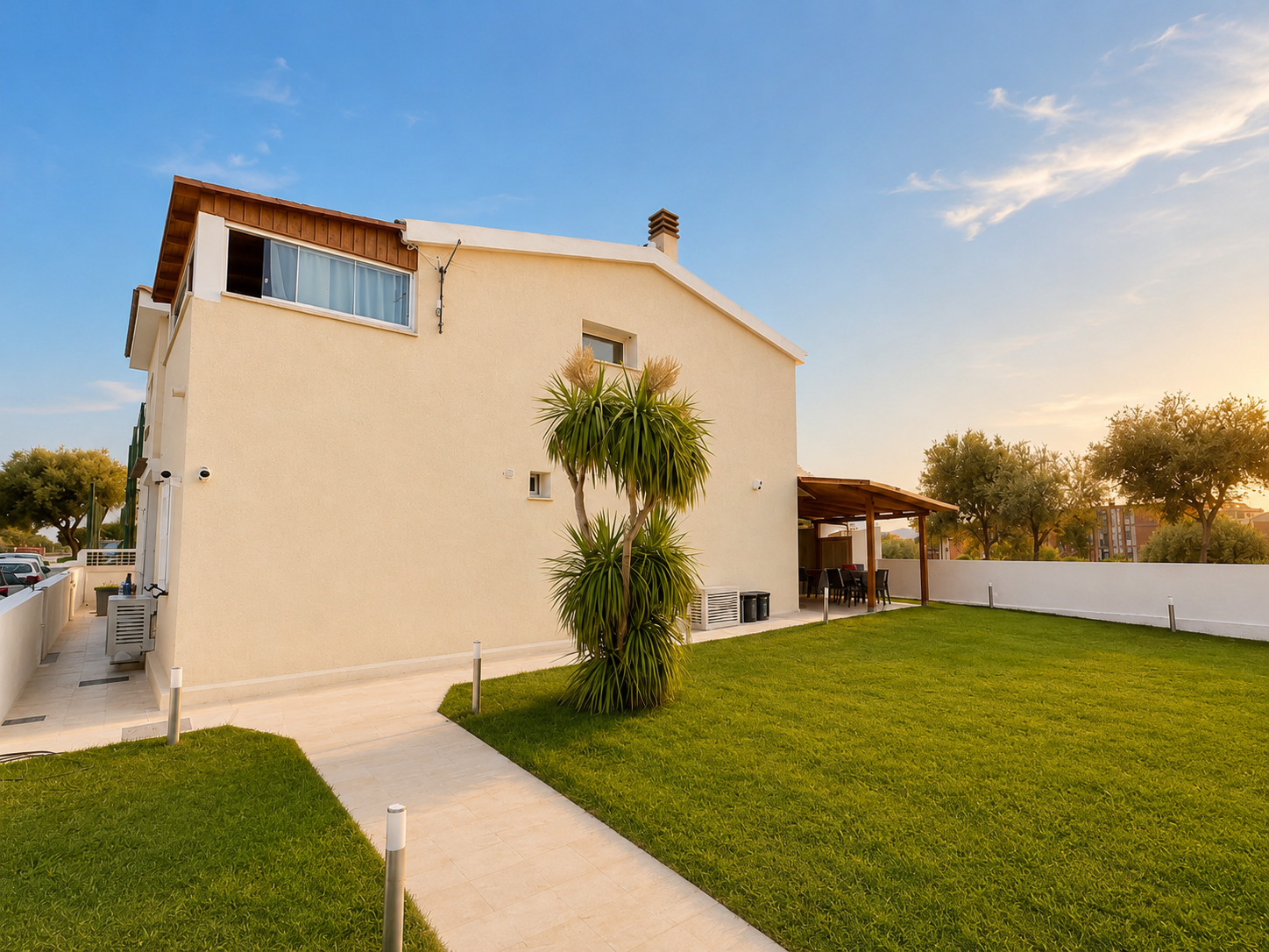 Caseggiato moderno con giardino erboso, piante e area coperta per pasti, cielo sereno con nuvole sparse.