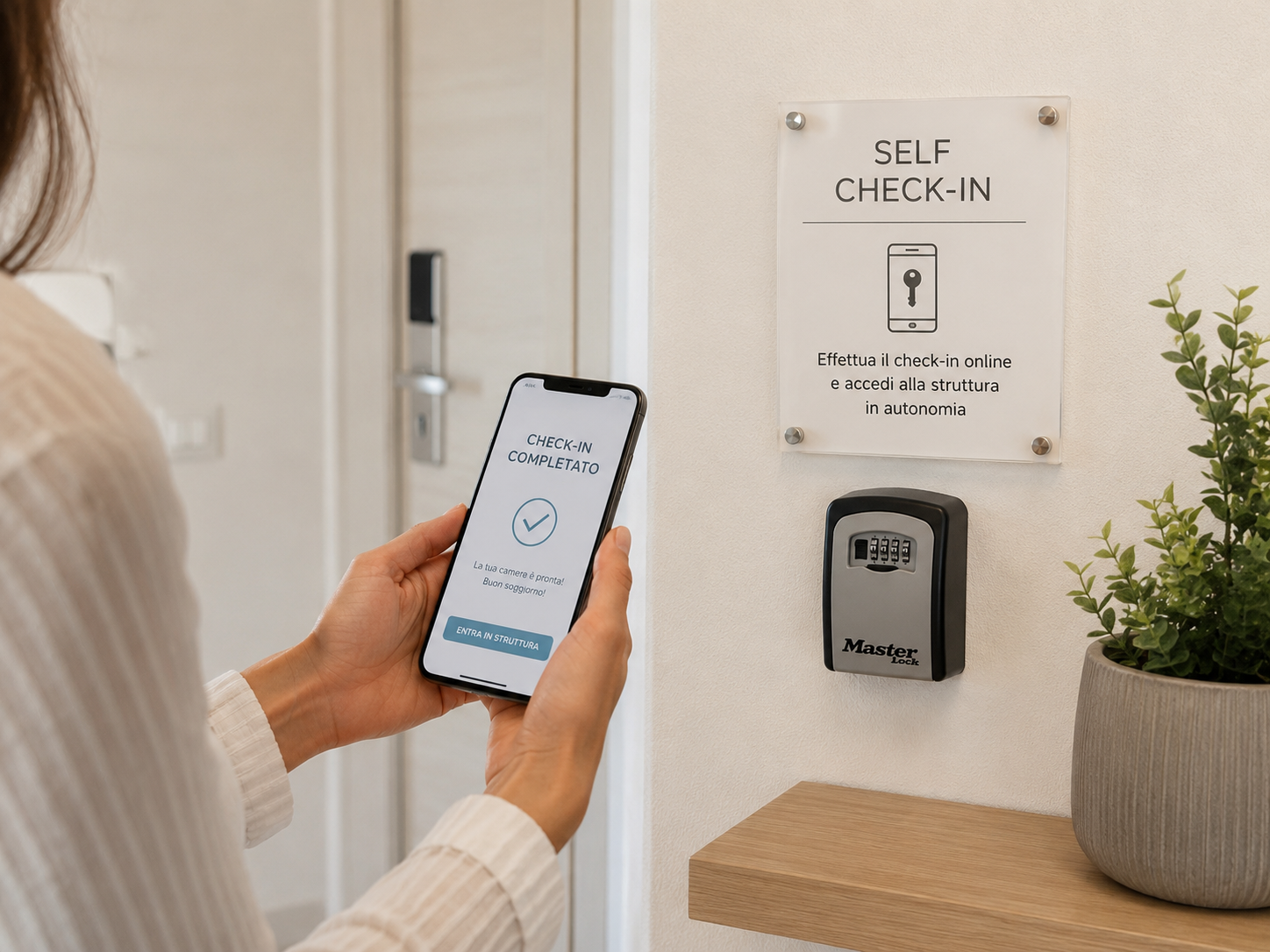 Una persona tiene in mano uno smartphone con uno schermo che indica che il check-in è stato completato, vicino alla porta c'è un cartello che spiega come fare il check-in online e un lettore di codici sicurezza con una pianta in un vaso accanto.