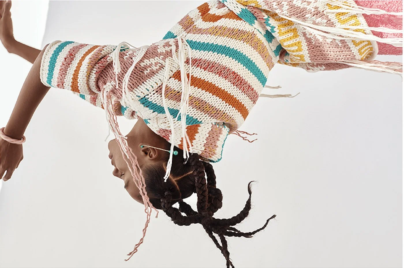Crochet look photographed upside down against white