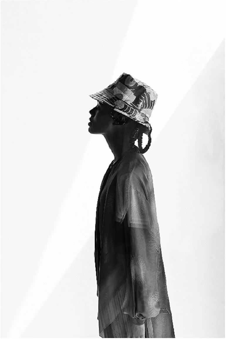 Silhouette with a bucket hat, black and white