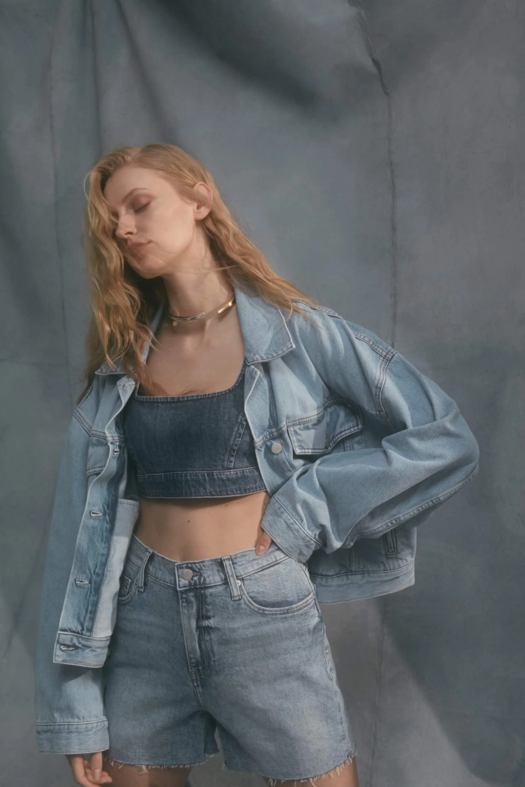 Denim editorial for Latest Magazine: denim jacket with shorts and a bra top