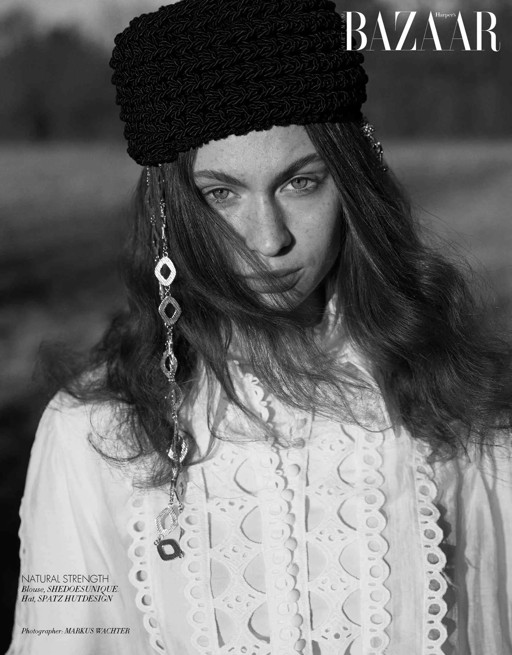 Harper's Bazaar Vietnam editorial: beauty portrait with a black knitted headband and a lace blouse