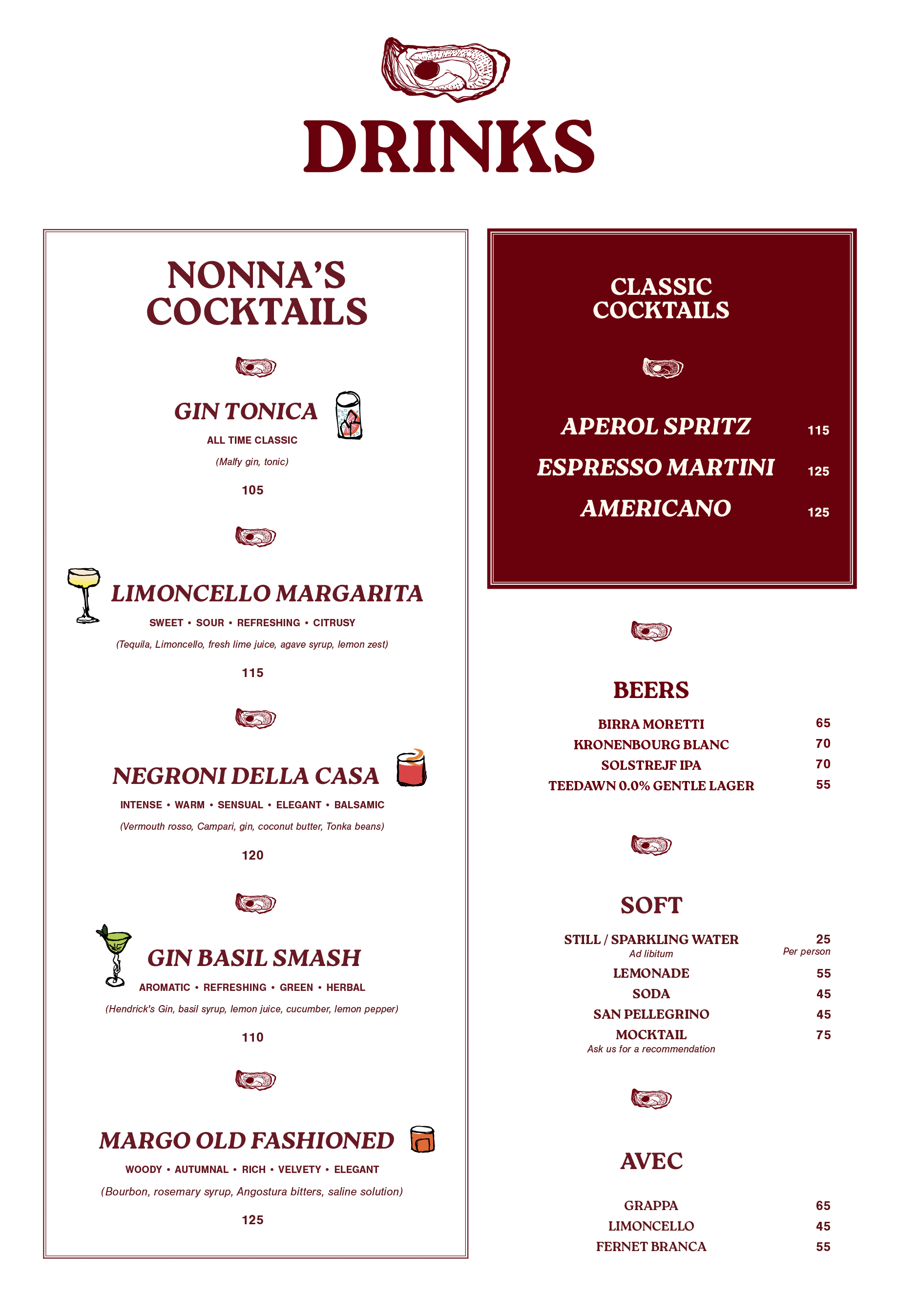 Menu board featuring various cocktails, beers, and soft drinks with prices listed.