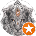 Illustrated lion face with decorative patterns and orange star icon