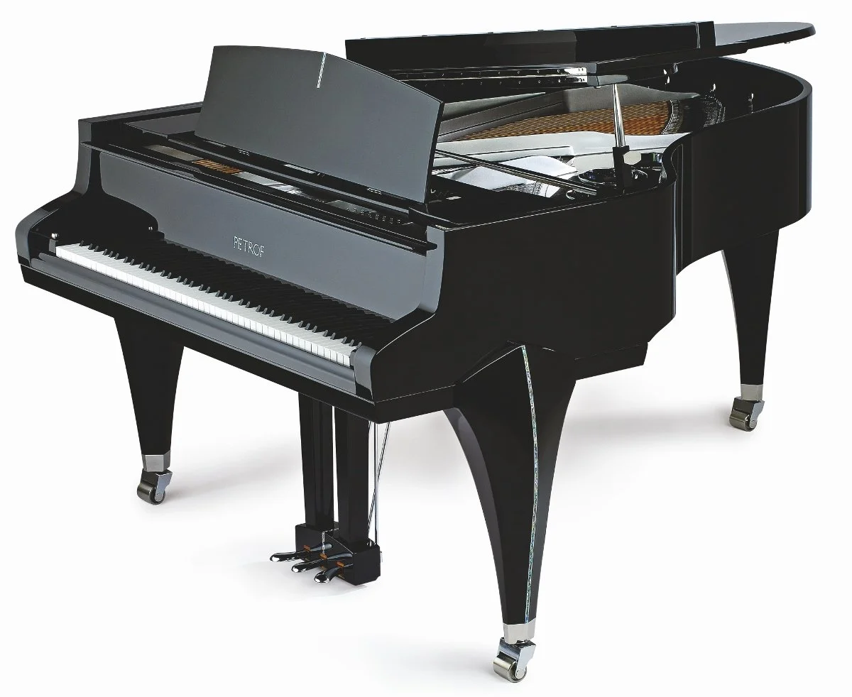 PETROF grand piano Sabina from the Special Collection, with blue-green mother of pearl combines with silver for beautiful adornments.