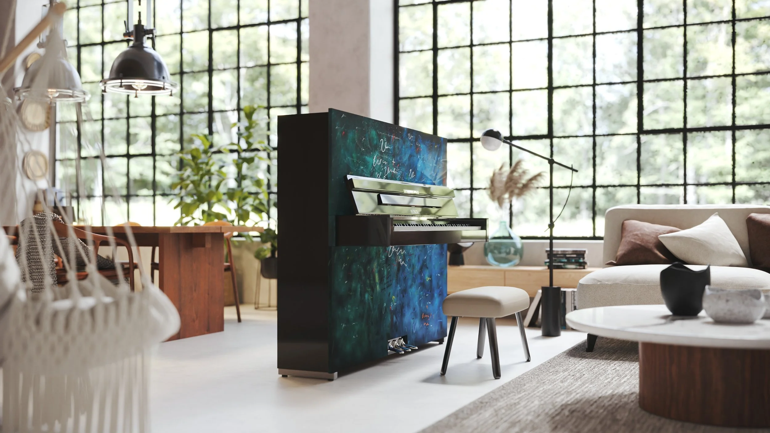 Petrof Gemini upright piano in a modern luxury living space sold at Vaulted Keys Piano store