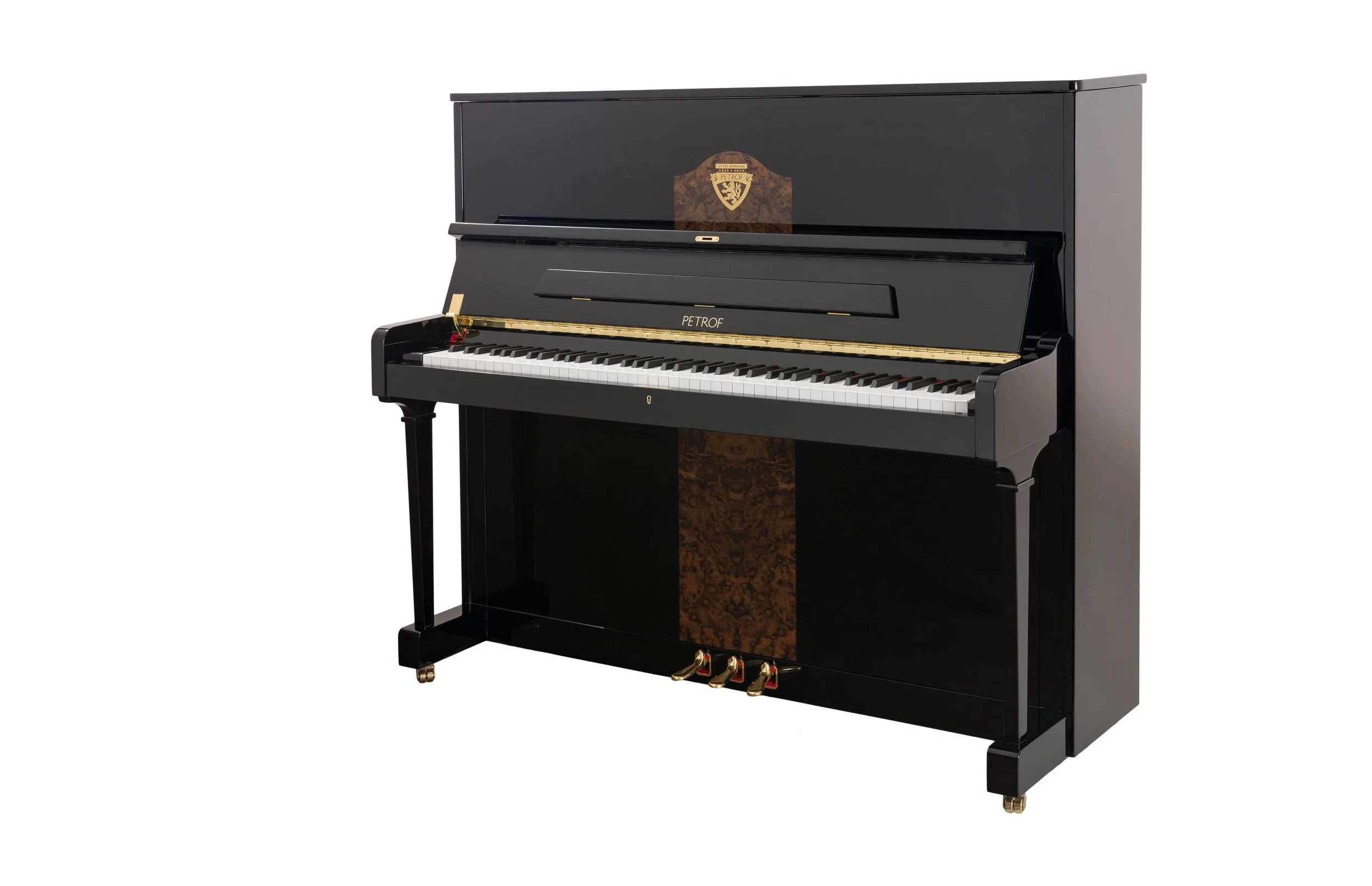 Walnut Root upright piano made by PETROF available through Vaulted Keys Piano store
