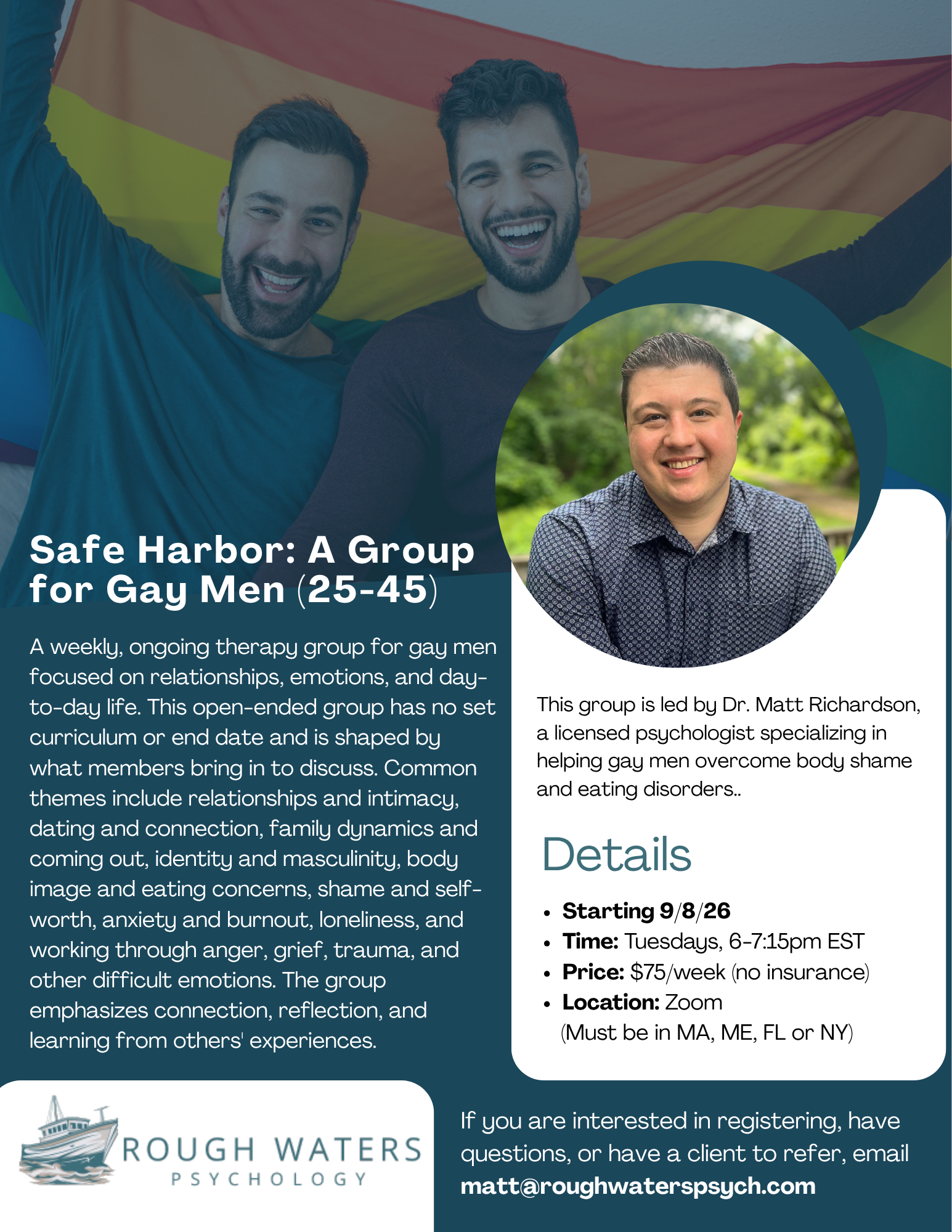 Two smiling men holding a rainbow pride flag, with a headshot of a third man in a circle overlay. The image is related to a therapy group for gay men.