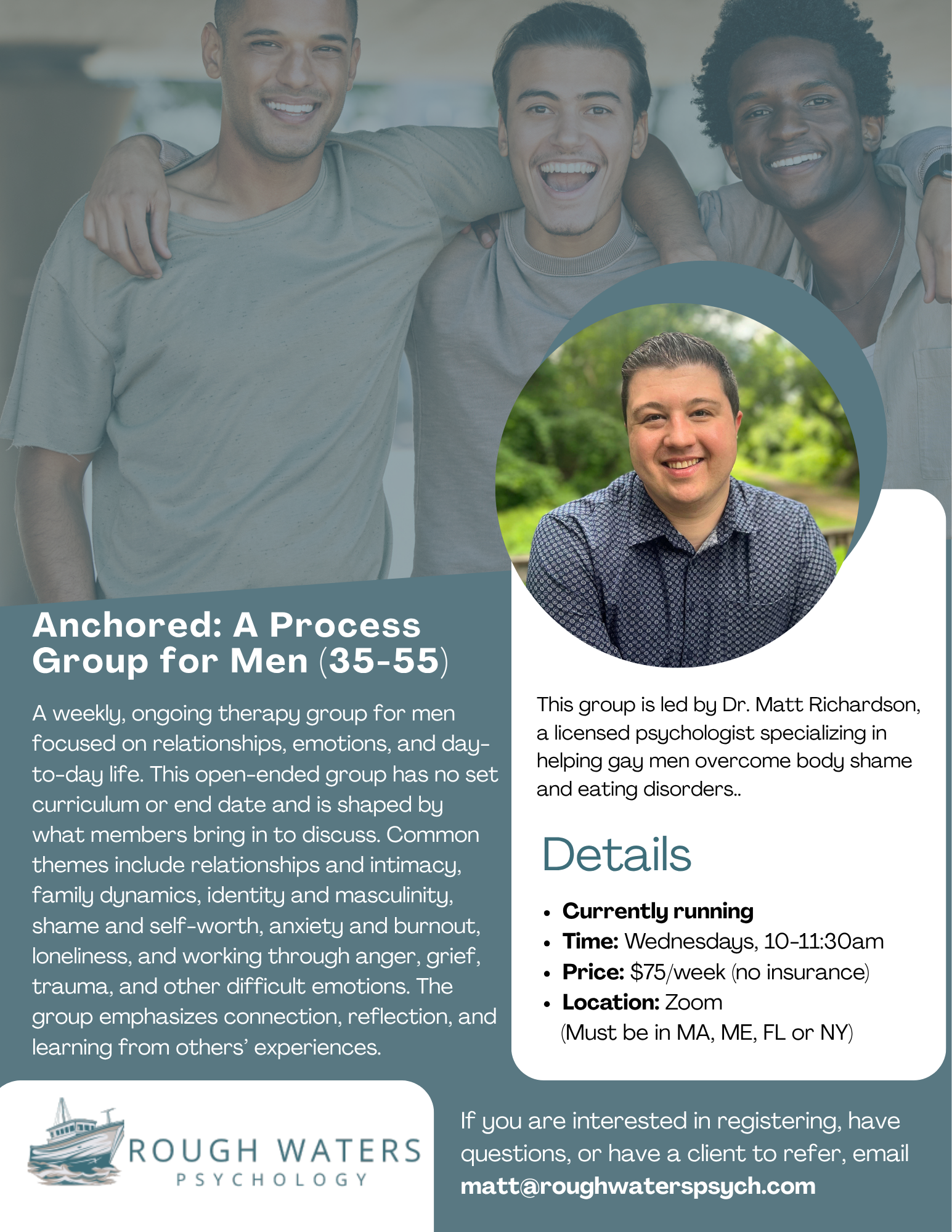A group of five men standing outdoors, smiling, with two men in the foreground and three men in the background. The image involves a headshot of one man, Dr. Matt Richardson, with background context related to a men's therapy group for relationships, emotions, and mental health.