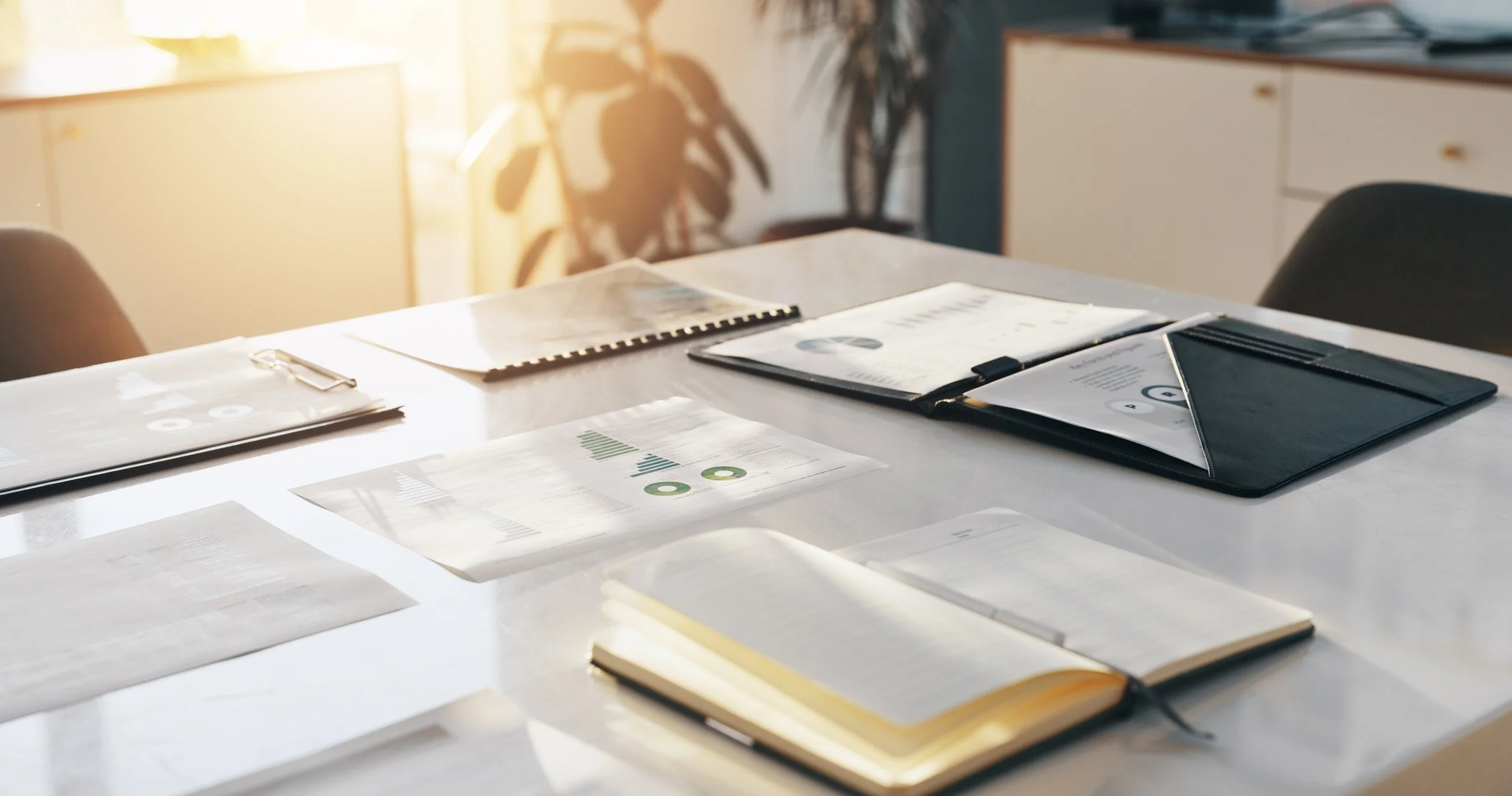Office table with open binders, papers, and notebooks illuminated by sunlight, with a blurred background of office furniture and plants.