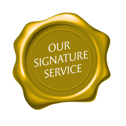 Gold wax seal with the text 'Our Signature Service' inside.