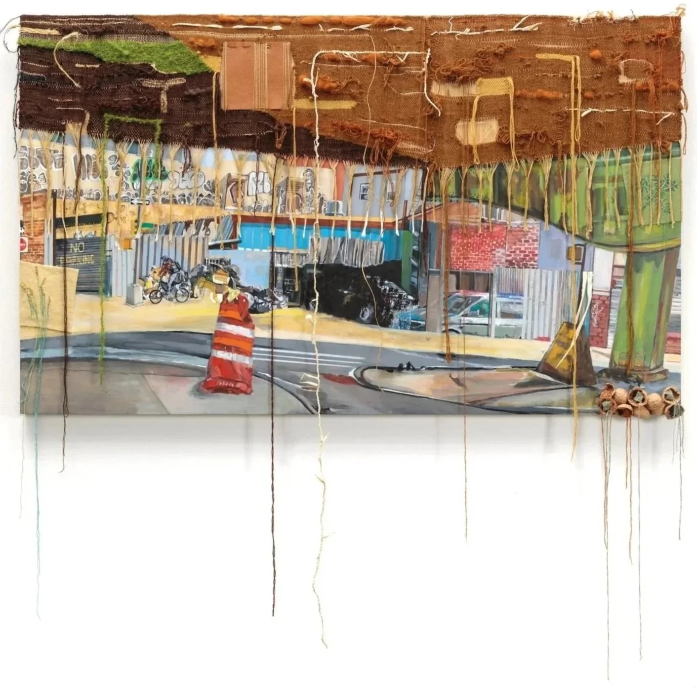  3rd Avenue   Acrylic and weaving on plywood 48“ x 29”, 2025 