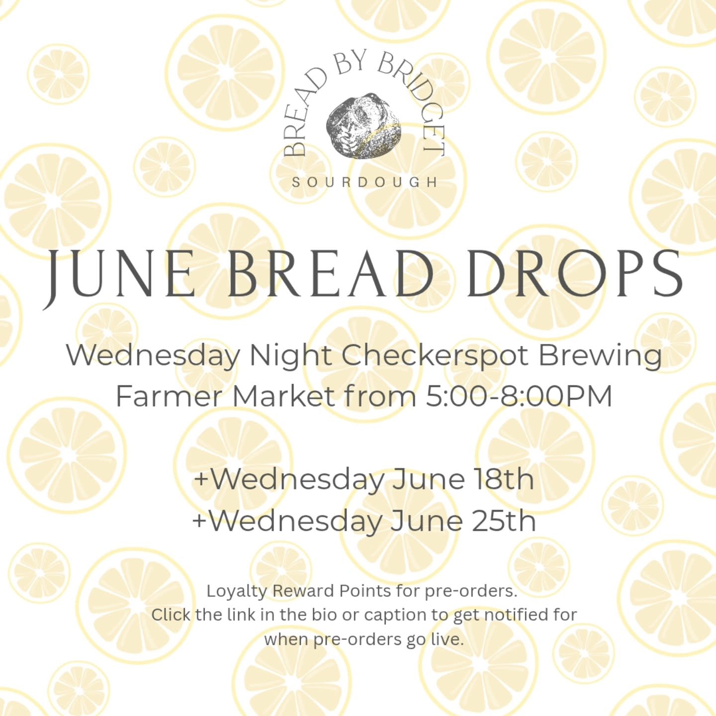 🥖💛JUNE BREAD DROPS💛🥖

Join us Wednesday nights at the @checkerspotbrewing Farmers Market from 5:00&ndash;8:00PM! Shop &amp; sip this incredible local, indoor market in the heart of Baltimore. Vendors change from week to week, so be sure to give C
